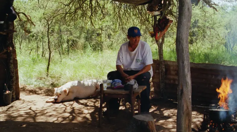 Fotograma de la película La libertad doble (2026) de Lisandro Alonso, que muestra a un hombre sentado junto a una pequeña mesa bajo un refugio precario, acompañado por un perro blanco.