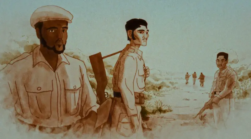 Ilustración estilizada en tonos sepia de la película Les survivants du Che que muestra a varios guerrilleros uniformados y armados avanzando por un sendero rural o selvático.