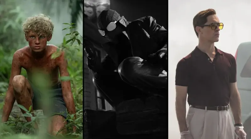 Collage promocional de series con un niño cubierto de barro en la selva, una figura enmascarada vestida de negro y un hombre con gafas de sol junto a un avión.