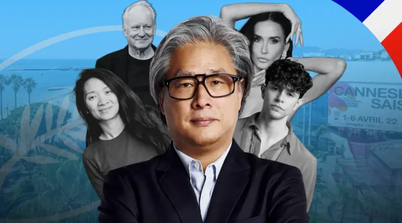 Collage promocional del Festival de Cannes con un hombre de cabello gris y gafas en primer plano, rodeado de varias celebridades sobre un fondo azul junto al mar.
