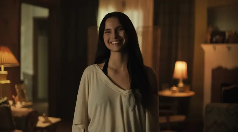 Retrato de una mujer sonriendo en una sala iluminada de la película Obsession.