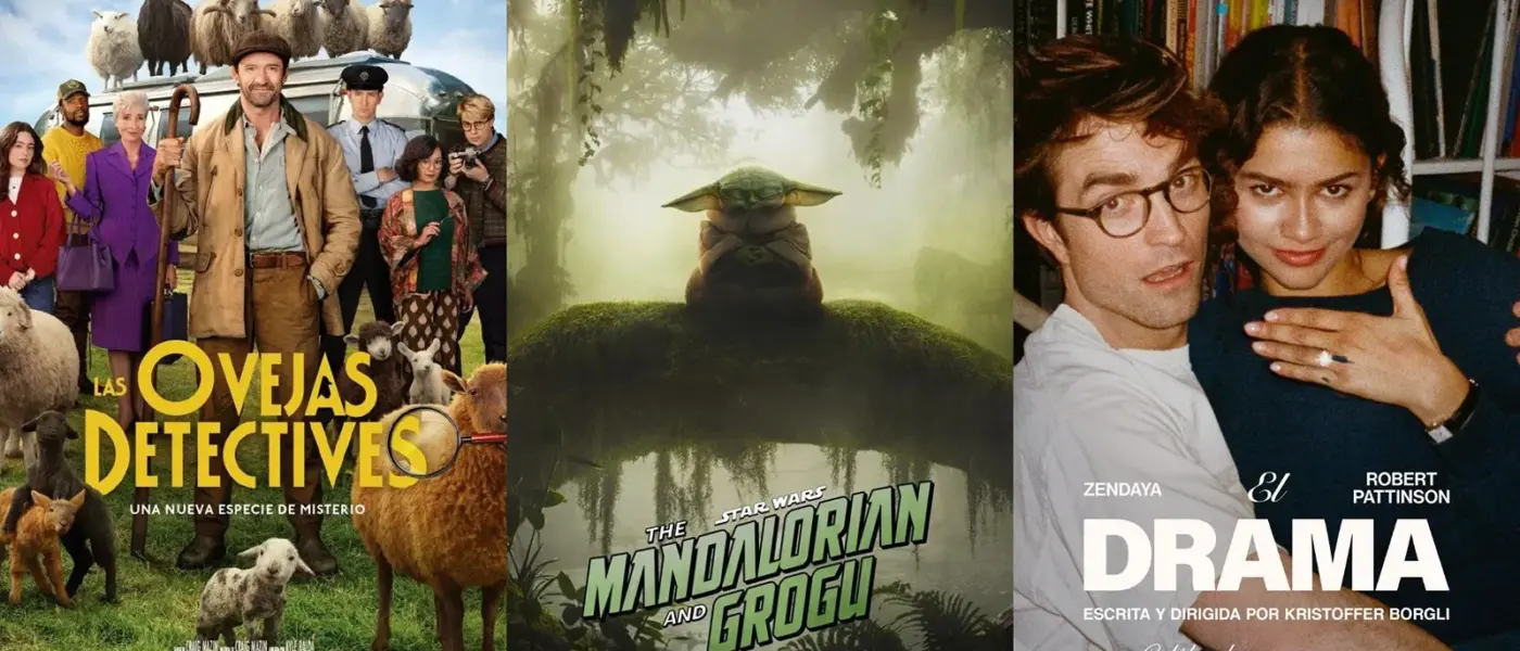 Mosaico de tres carteles de cine: una comedia con ovejas y Hugh Jackman, una imagen de Grogu meditando, y un drama romántico con Zendaya y Robert Pattinson. Todos son estrenos de mayo.