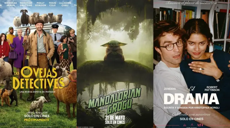 Mosaico de tres carteles de cine: una comedia con ovejas y Hugh Jackman, una imagen de Grogu meditando, y un drama romántico con Zendaya y Robert Pattinson. Todos son estrenos de mayo.