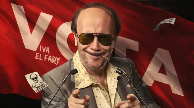 Cartel de Torrente Presidente con el protagonista sonriendo con un palillo en la boca ante una bandera electoral que dice "Vota Viva El Fary".