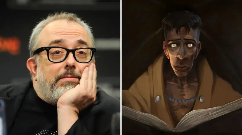 Composición dividida con el director Álex de la Iglesia y una ilustración de un personaje de la película "Ages of Madness: The Howling of the Jinn".