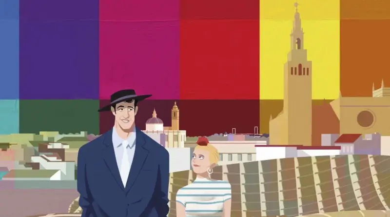 Ilustración del cartel oficial del Festival de Sevilla 2026. Un hombre con sombrero cordobés y una mujer con un clavel en el pelo pasean con la Giralda y un fondo de bloques de colores vivos detrás.