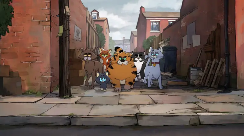 Escena del tráiler de la serie Gatos Callejeros con los protagonistas en un callejón.