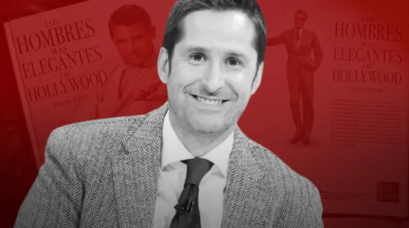Entrevista a Guillermo Balmori de Notorious Ediciones, con un fondo rojo que muestra las páginas del libro Los hombres más elegantes de Hollywood.