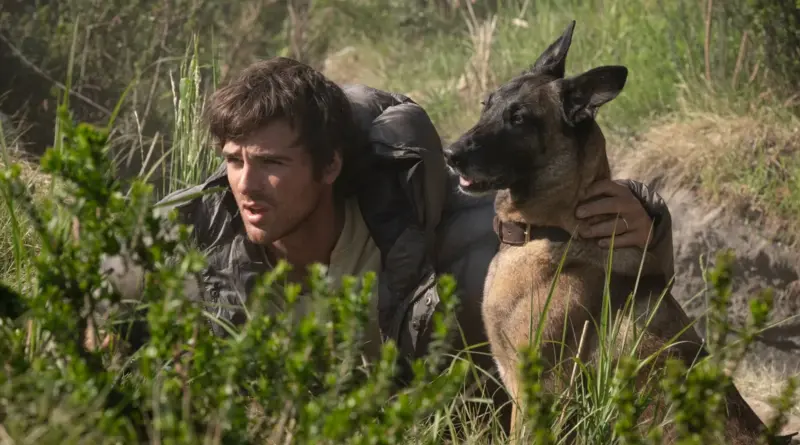 Jacob Elordi junto a un perro pastor en una escena de La constelación del perro (The Dog Stars).