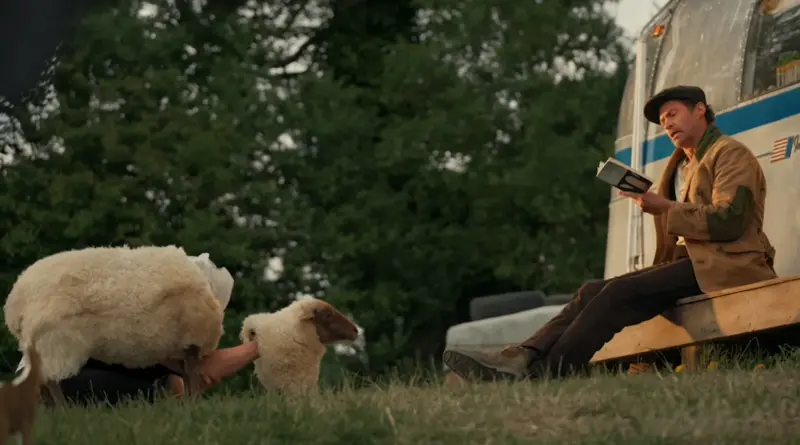 Las ovejas detectives: actor leyendo un libro frente a una oveja en un campo.