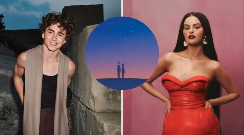 Fotografía promocional de la película Not Alone (2027) de Illumination, mostrando a los actores Timothée Chalamet y Selena Gomez a los lados, con un círculo central que muestra la silueta animada de dos personajes bajo un cielo estrellado.