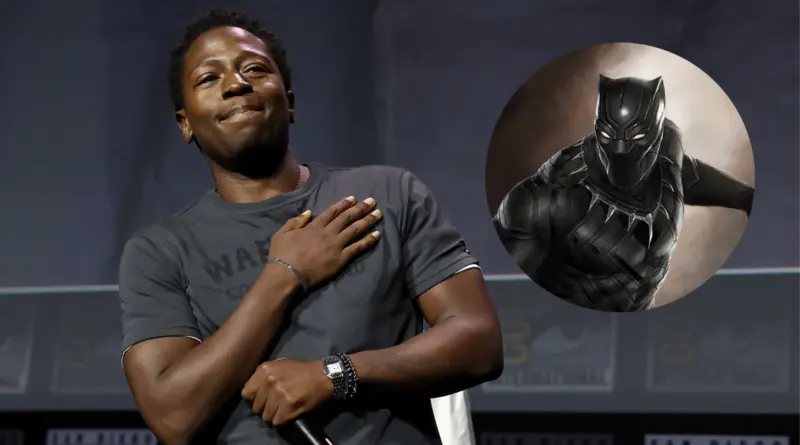 David Jonsson emocionado en el escenario al confirmarse para Black Panther 3, junto a un montaje del traje de Pantera Negra.
