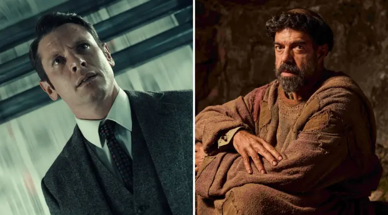 : Composición dividida: a la izquierda, Jack O'Connell con traje gris en una imprenta en 'Ink'; a la derecha, Pierfrancesco Favino vestido de fraile medieval en 'Dio ride'.