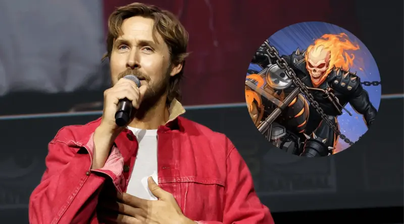Ryan Gosling hablando por micrófono, con una ilustración insertada del personaje Ghost Rider en los cómics montando su motocicleta en llamas.