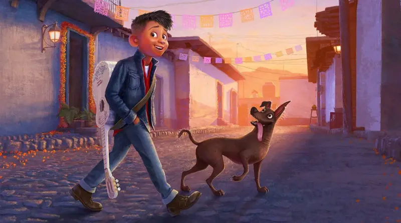 Arte de Coco 2 con un Miguel adolescente caminando feliz al atardecer por su pueblo junto a su perro Dante.