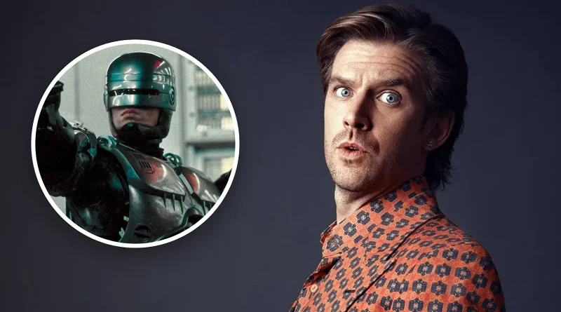 El actor Dan Stevens con cara de asombro junto a un retrato circular de Robocop apuntando.