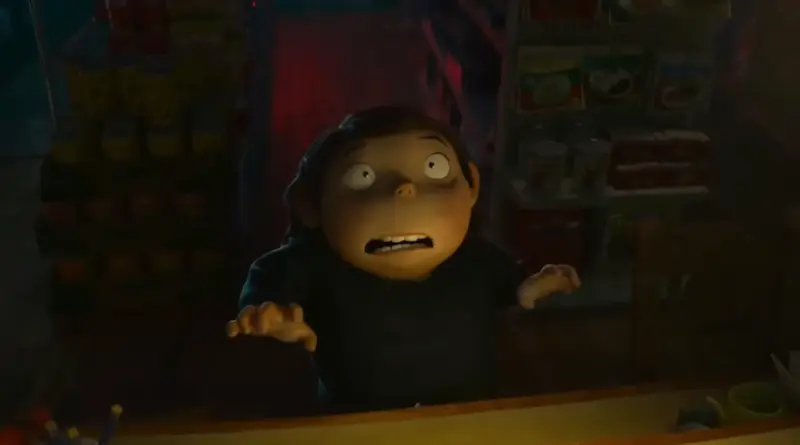 El protagonista animado de Ghost Market con cara de absoluto terror dentro de una tienda con iluminación tenue.