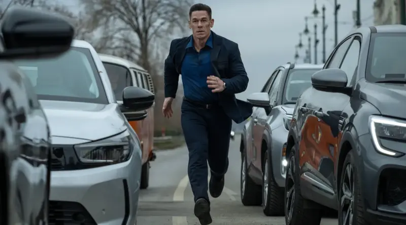 John Cena corriendo a toda velocidad por el asfalto entre coches detenidos en el tráfico durante una escena de Matchbox: la película.