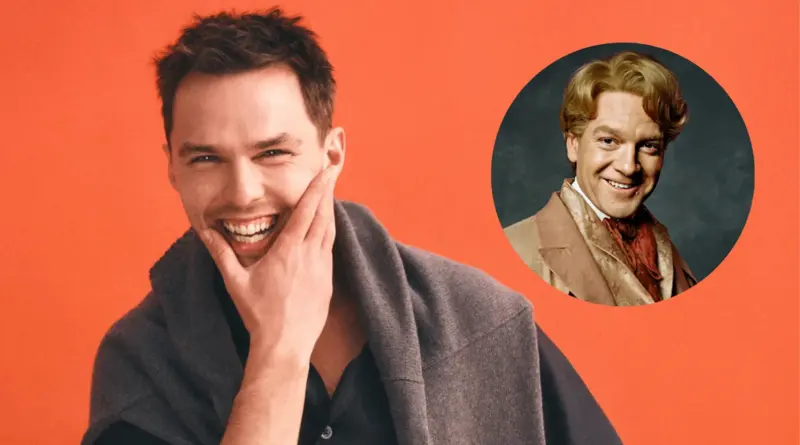 Montaje fotográfico sobre fondo naranja que muestra al actor Nicholas Hoult sonriendo a la izquierda y, dentro de un círculo a la derecha, a Kenneth Branagh caracterizado como Gilderoy Lockhart de 'Harry Potter'.