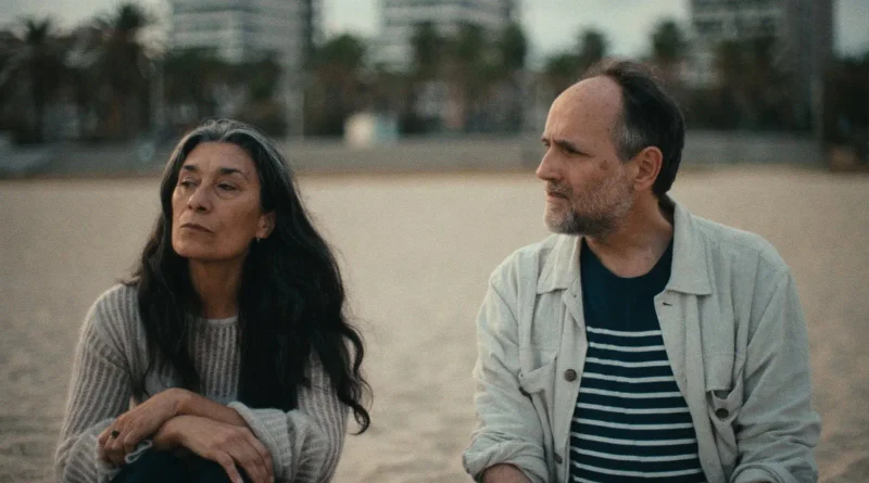 Fotograma de A veces me entra tristeza, otras veces rebelión en el que los dos protagonistas están sentados juntos en una playa urbana.