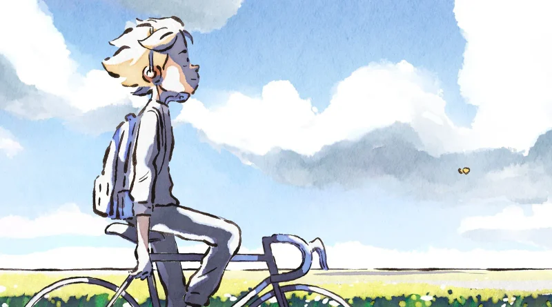 El joven protagonista paseando relajadamente en bicicleta bajo un cielo nublado en Iron Boy (Le Corset).