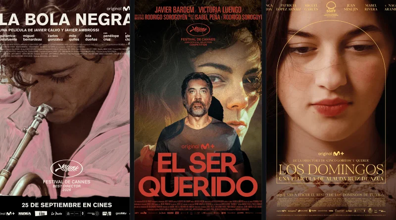 Tríptico con los pósteres oficiales de 'La bola negra', 'El ser querido' y 'Los domingos', las tres películas preseleccionadas por España para los Óscar 2027.