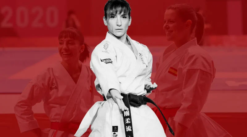 Fotomontaje promocional de la película Karateka con la atleta Sandra Sánchez en blanco y negro realizando un kata, flanqueada por imágenes en tono rojizo de la actriz Andrea Ros.