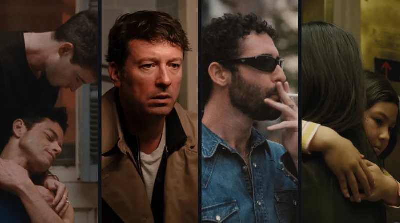 Composición de cuatro paneles verticales con escenas cinematográficas que muestran a dos hombres abrazados, un hombre con gabardina, un hombre con gafas de sol fumando, y el rostro de una niña que está siendo abrazada.