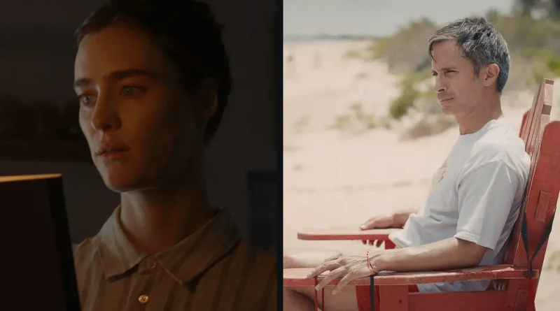 Composición fotográfica dividida en dos: a la izquierda, el rostro de una mujer pensativa en la penumbra; a la derecha, Gael García Bernal sentado en una silla de socorrista en la playa. Ambas son fotografías de películas de la Seminci.