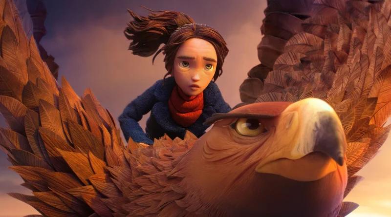 Fotograma de la protagonista Prue volando a lomos de un águila gigante en la película Wildwood: El bosque salvaje.